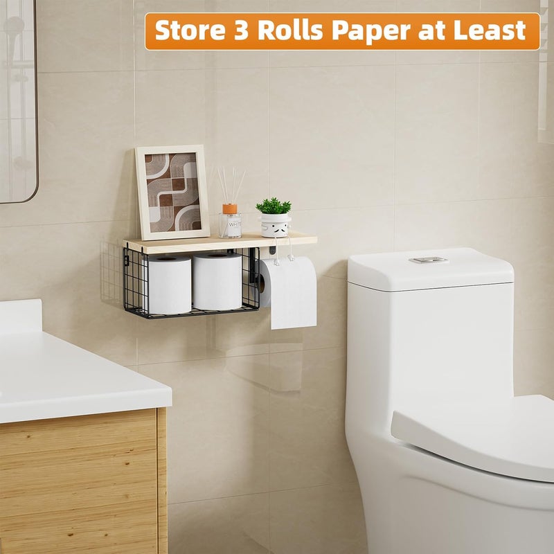 VITVITI Toilet Paper Holder with Shelf, Wall Mounted Toilet Paper Storage Basket, Wood Metal Toilet Roll and Wipes Holder for Bathroom Farmhouse (Natural) - Image 3